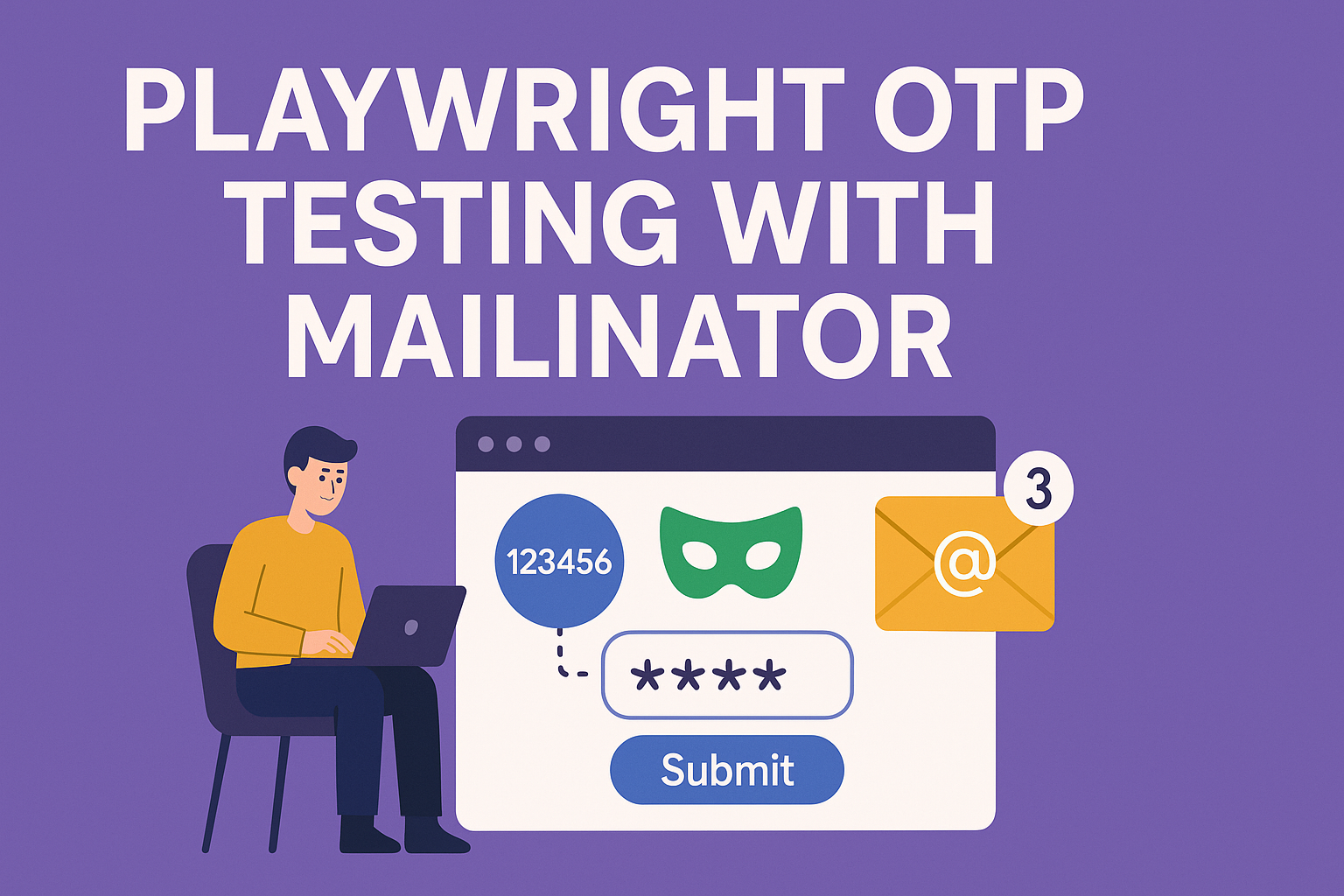 Diagram of the five stages of Playwright email testing: generate a unique address, trigger the flow, mail hits the private inbox, fetch it by API, then assert and finish
